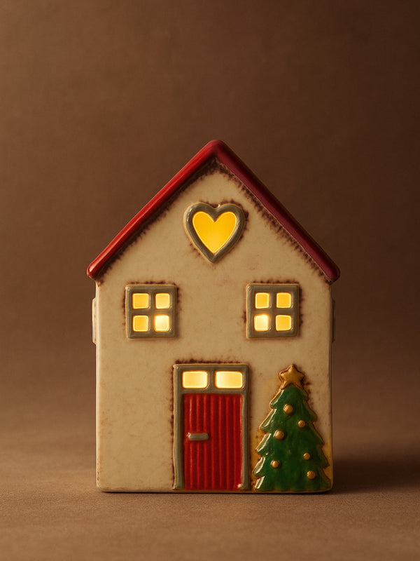 THATCH Living decorative ceramic house tealight holder gingerbread house with a heart, door, and tree on a brown background by THATCH Living.