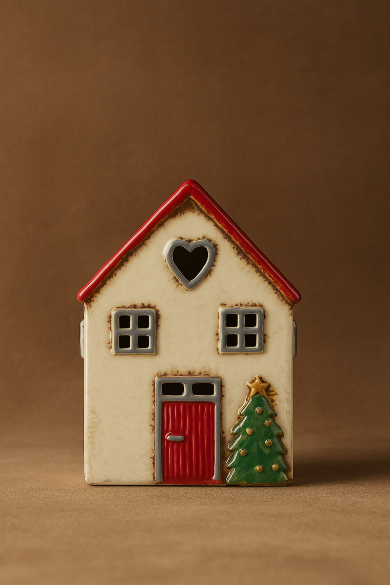 THATCH Living decorative ceramic house tealight holder gingerbread house with a heart, door, and tree on a brown background by THATCH Living.
