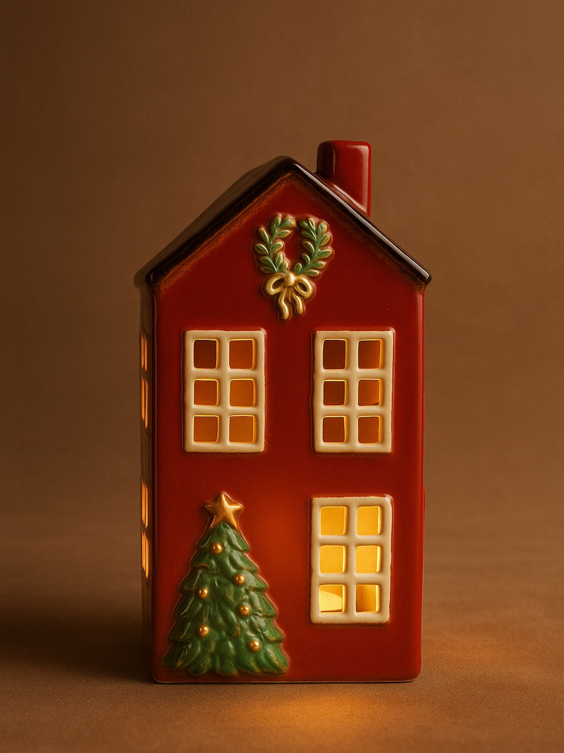 THATCH Living decorative red ceramic house-shaped candle lantern with Christmas tree and wreath on a brown background by THATCH Living.