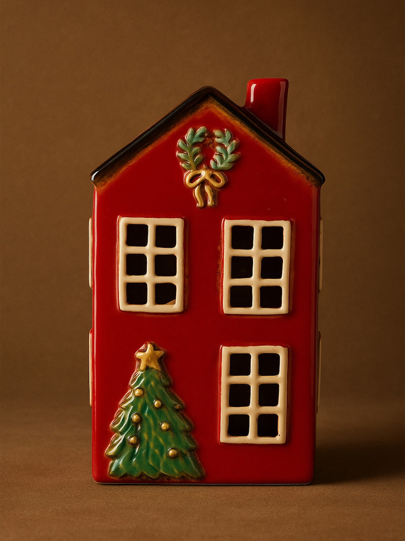 THATCH Living decorative red ceramic house-shaped candle lantern with Christmas tree and wreath on a brown background by THATCH Living.