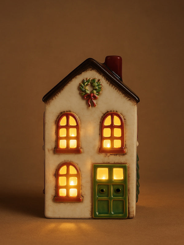 THATCH Living decorative white ceramic house tealight holder house with windows, door on a brown background by THATCH Living.