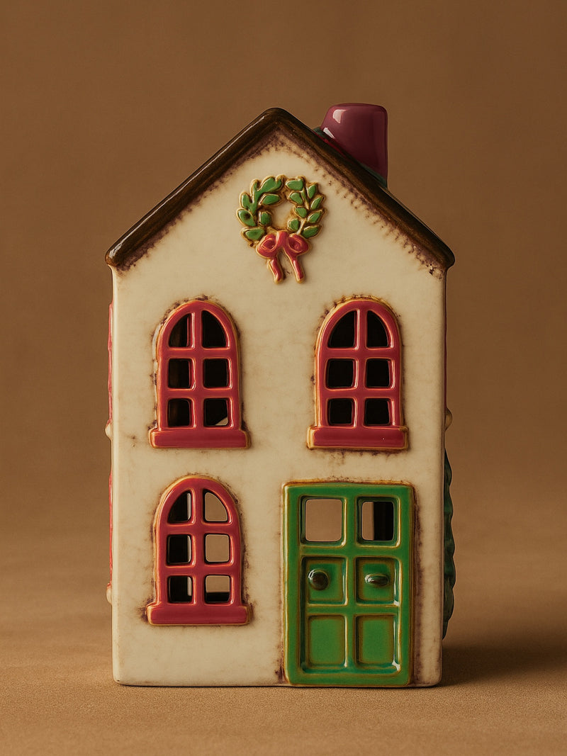 THATCH Living decorative white ceramic house tealight holder house with windows and door on a brown background by THATCH Living.