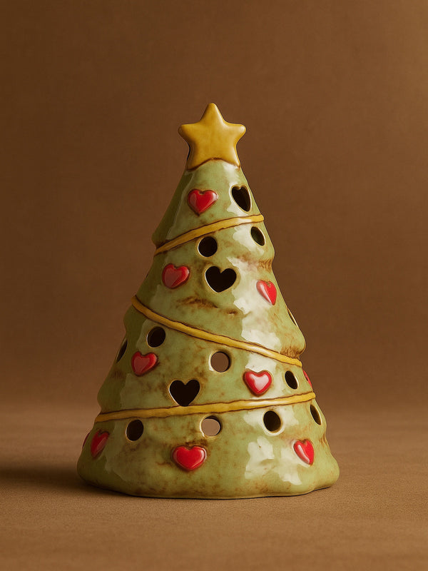 THATCH Living Ceramic Christmas tree tealight holder ornament with red hearts and a gold star on a brown background - by THATCH Living.