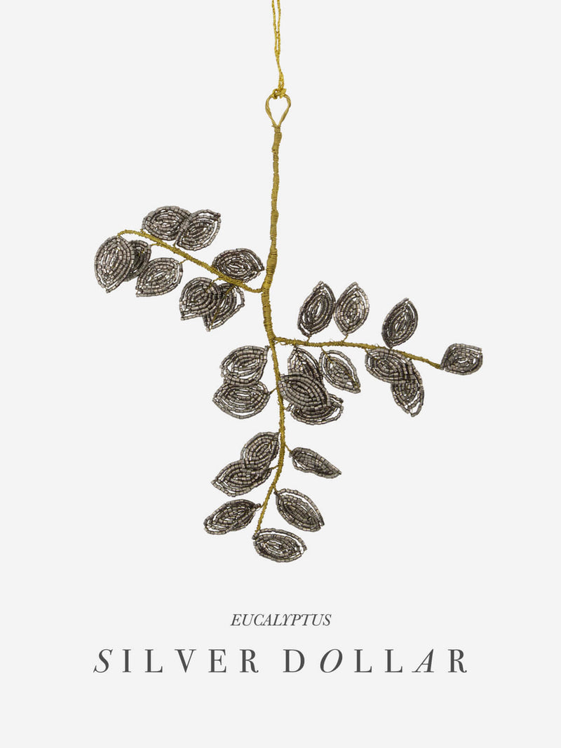 Eucalyptus hanging ornament in brass and silver.