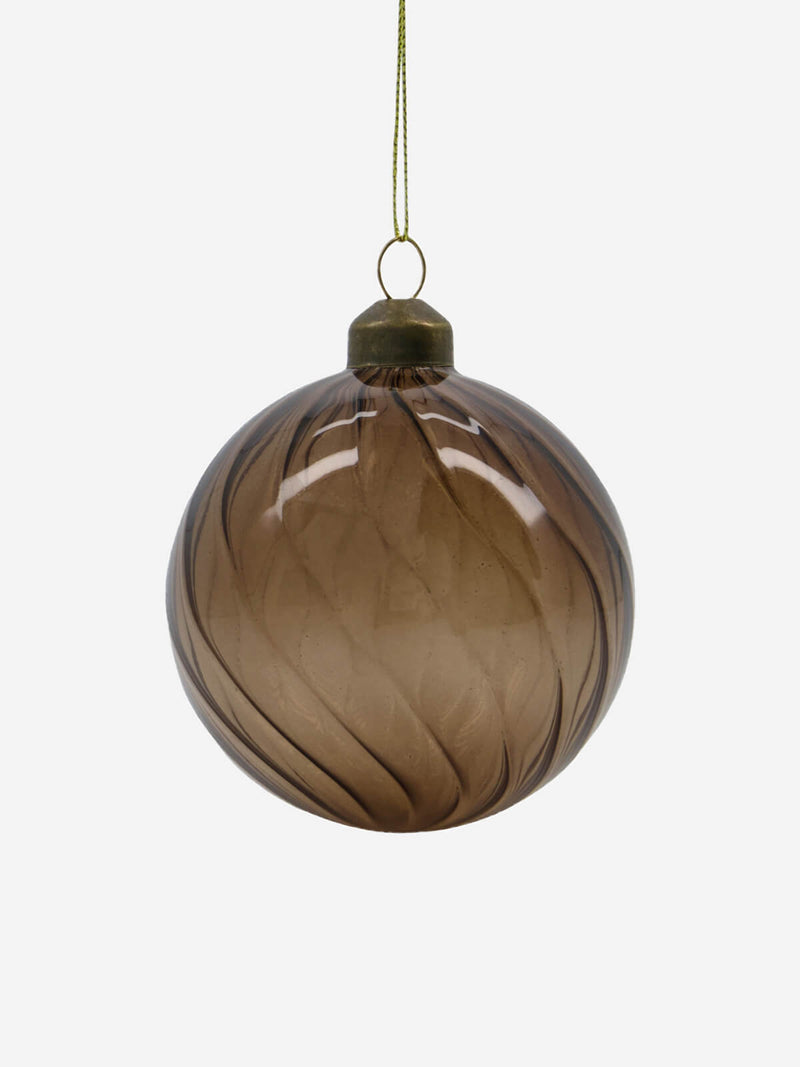 Large brown glass ornament bauble with swirl design.