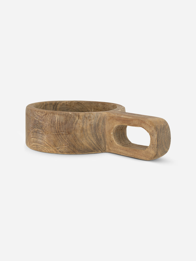 Wooden rustic bowl pot with handle on a white background