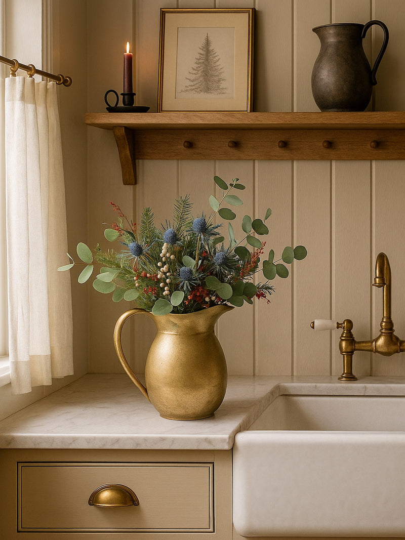 THATCH Living Brass Water Jug With Flowers in a kitchen setting - by THATCH Living