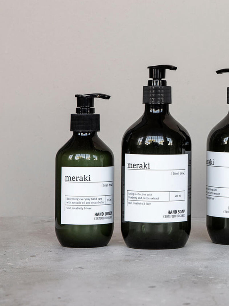 Meraki linen dew bottle moisturiser hand lotion and hand soap.