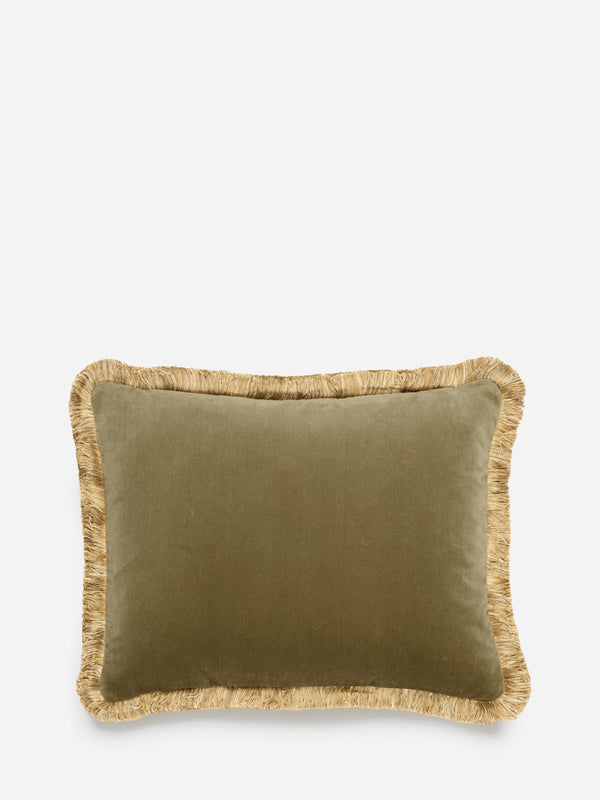 Moss Green Velvet Cushion Double-Sided With Gold Fringe 14"x19"
