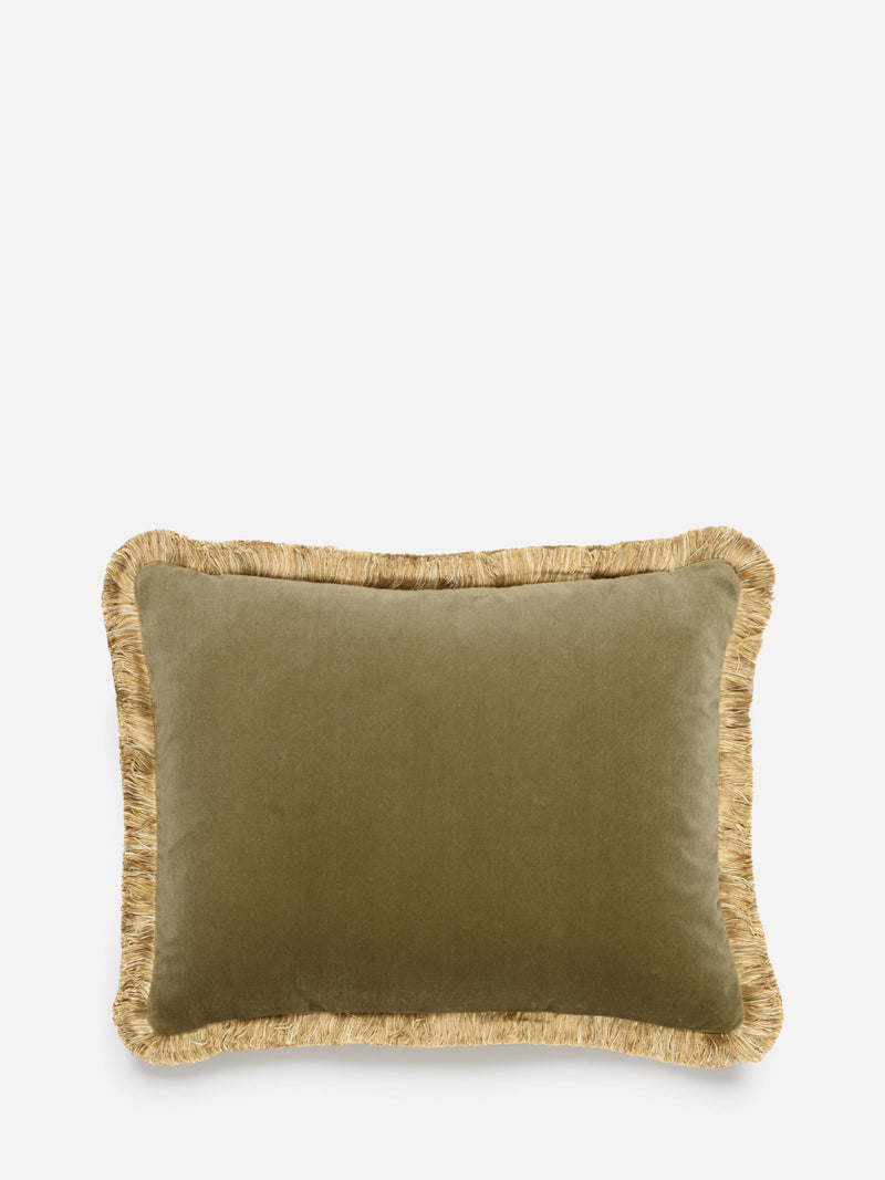 Moss Green Velvet Cushion Double-Sided With Gold Fringe 14"x19"