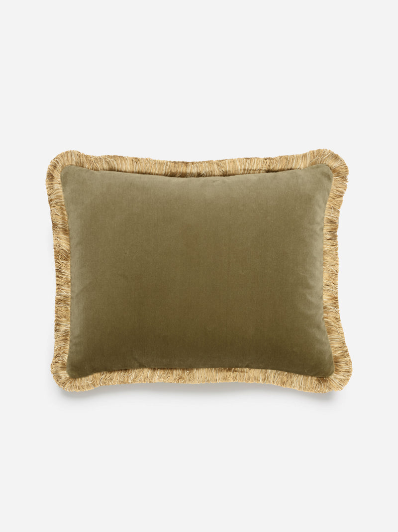 Moss Green Velvet Cushion Double-Sided With Gold Fringe 14"x19"