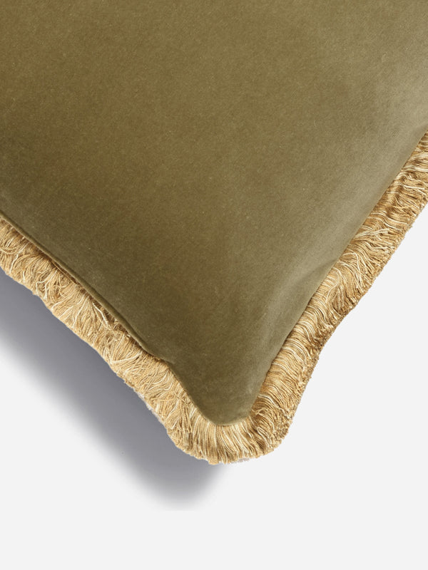 Moss Green Velvet Cushion Double-Sided With Gold Fringe 14"x19"