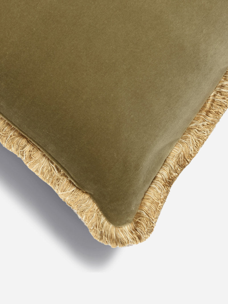 Moss Green Velvet Cushion Double-Sided With Gold Fringe 14"x19"