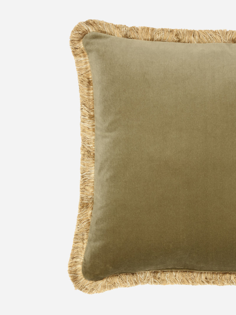 Moss Green Velvet Cushion Double-Sided With Gold Fringe 14"x19"