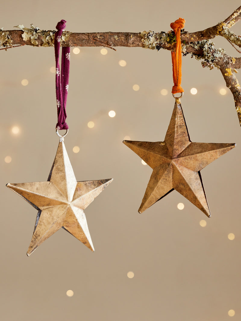 Two star-shaped gold ornaments by THATCH Living hanging from a branch with a soft, blurred light background.
